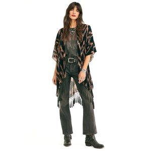 Free People Kimono OS Dripping Gray Green Beige Zig Zag Velvet Burnout Southwest